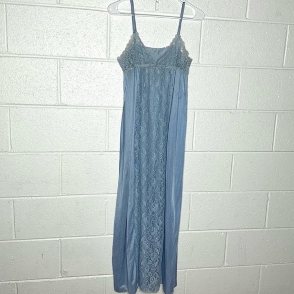 Vintage Beautiful Blue Maxi Night Dress W/ Sheer Lace Cups & Front Panel (M)